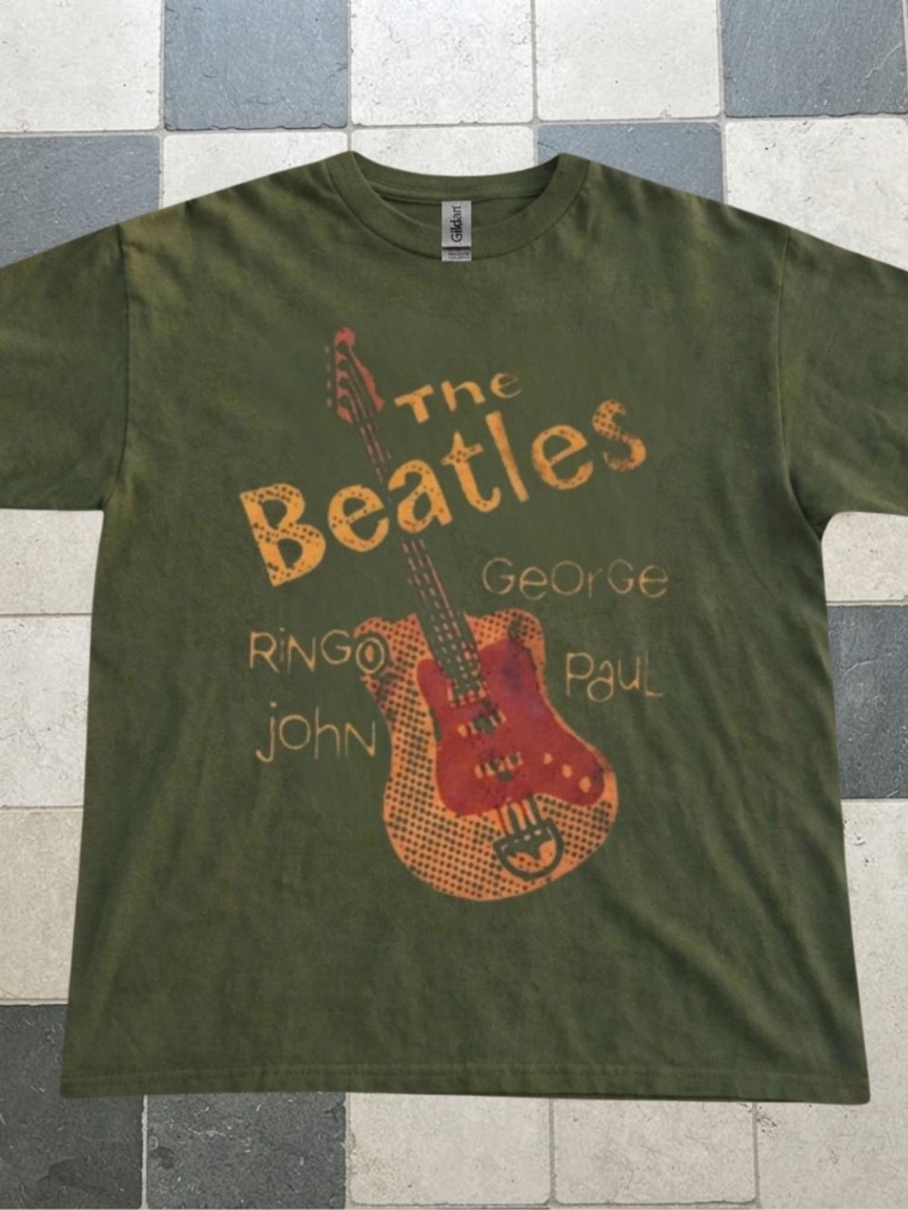 The Beatles Olive Green Tee with Orange Guitar Graphic